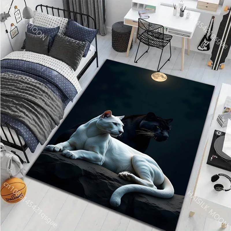 1PC White and Black Panthers Under Moon Carpet for Living Room Bedroom Sofa Home Decor Rus Non-slip Floor Mat Luxury Gift