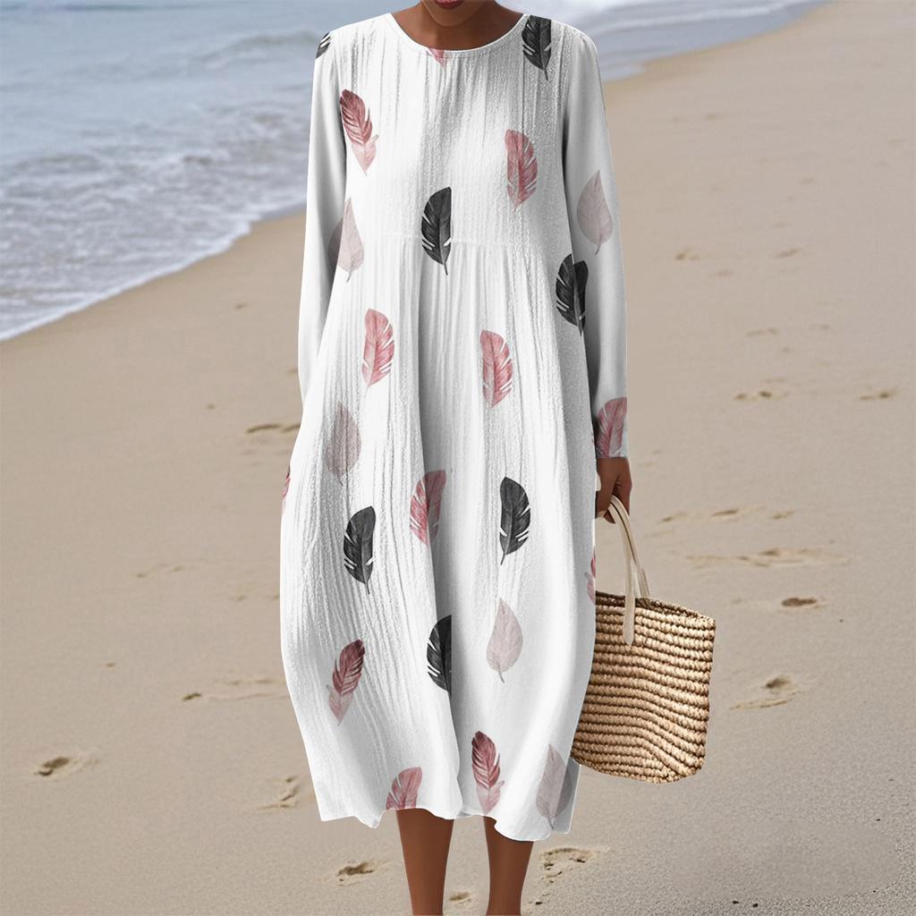 Women's Fashionable Casual Long-Sleeved Round Neck Floral Print Zipper Dress