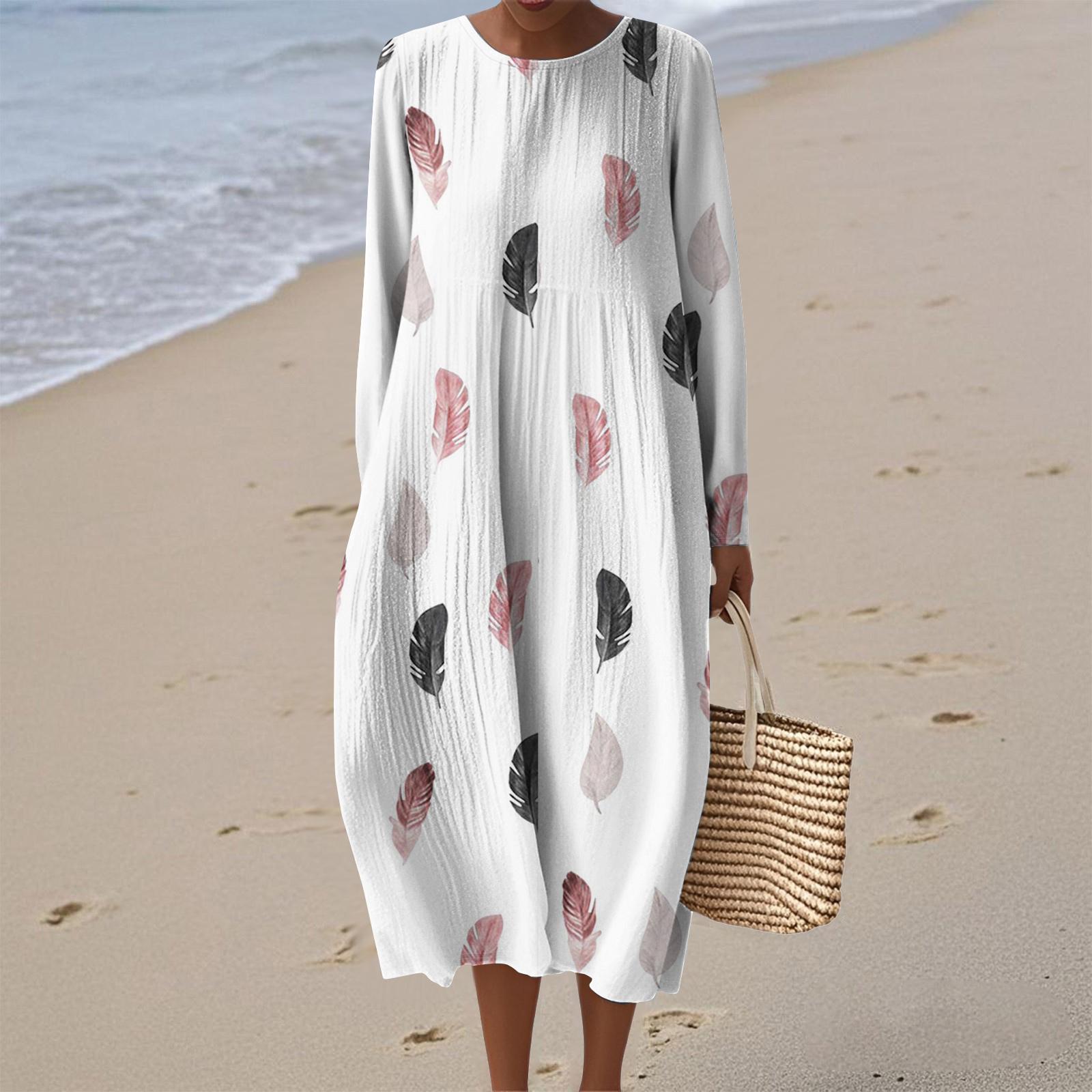 

Женское модное повседневное платье с длинными рукавами, круглым вырезом, цветочным принтом и застежкой-молнией XL белый