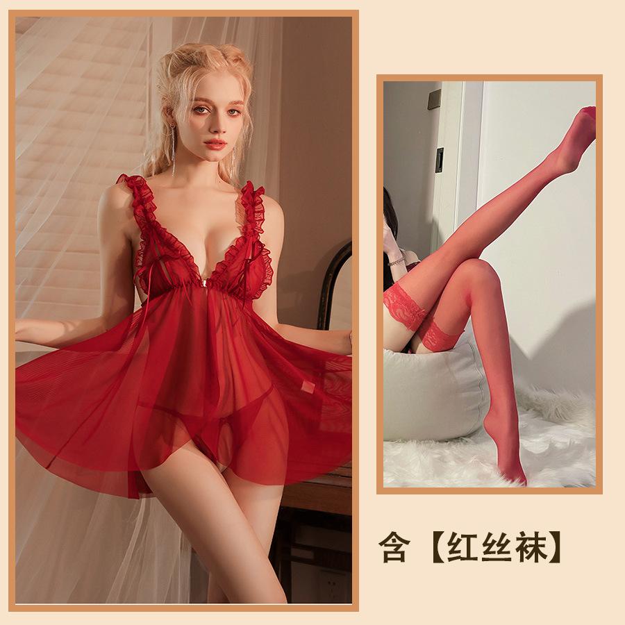Sous-vêtements sexuels, pyjama sexy, séduction féminine, poitrine fendue, maille creuse, bretelles, perspective, chemise de nuit, costume féminin