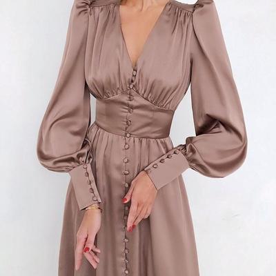 Vintage saténové společenské dlouhé šaty s vysokým pasem dámská móda elegantní s lucernovým rukávem maxi letní šaty sexy večerní společenské šaty s knoflíkem do V