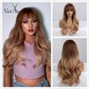 ALAN EATON Long Wavy Synthetic Wigs with Bangs for Black Women African American Ombre Black Brown Cosplay Heat Resistant Hair