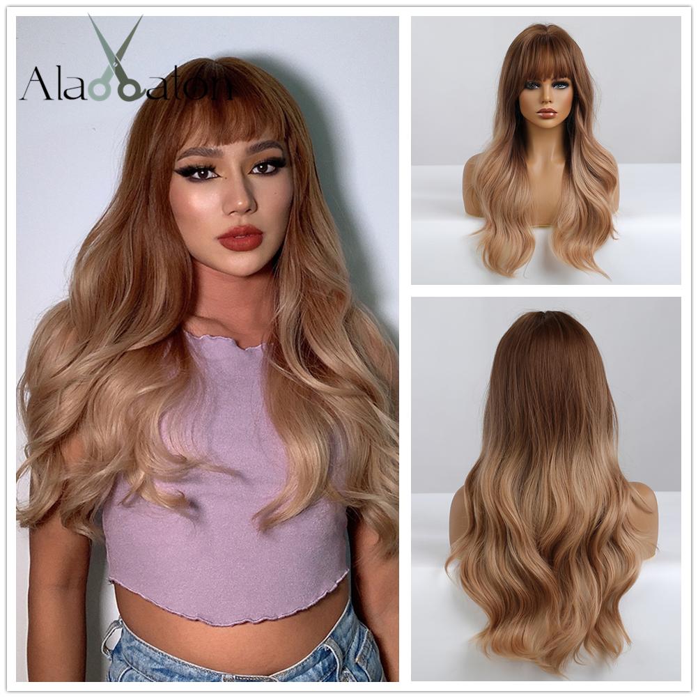 ALAN EATON Long Wavy Synthetic Wigs with Bangs for Black Women African American Ombre Black Brown Cosplay Heat Resistant Hair
