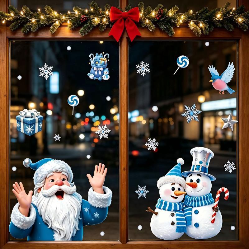 Christmas Decorative Glass Sticker Snowflake Snowman Blue Crystal Ball Theme Non-residue Window Decal for Xmas Party Home