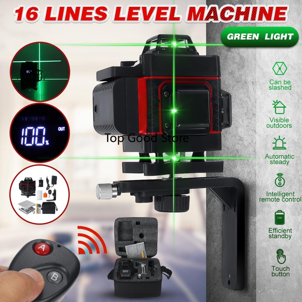 16 Line Laser Level Powerful Green Light Remote Control Measure W/Wall Attachment Frame 3D Self-Leveling System Green 100-240V
