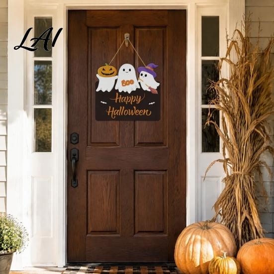 Black Orange Party Props Halloween Ghost Door Sign Cute Ghosts Wooden Hanging Wreath Rustic Happy Witch Broom Bat Sign Welcome for Home Wall