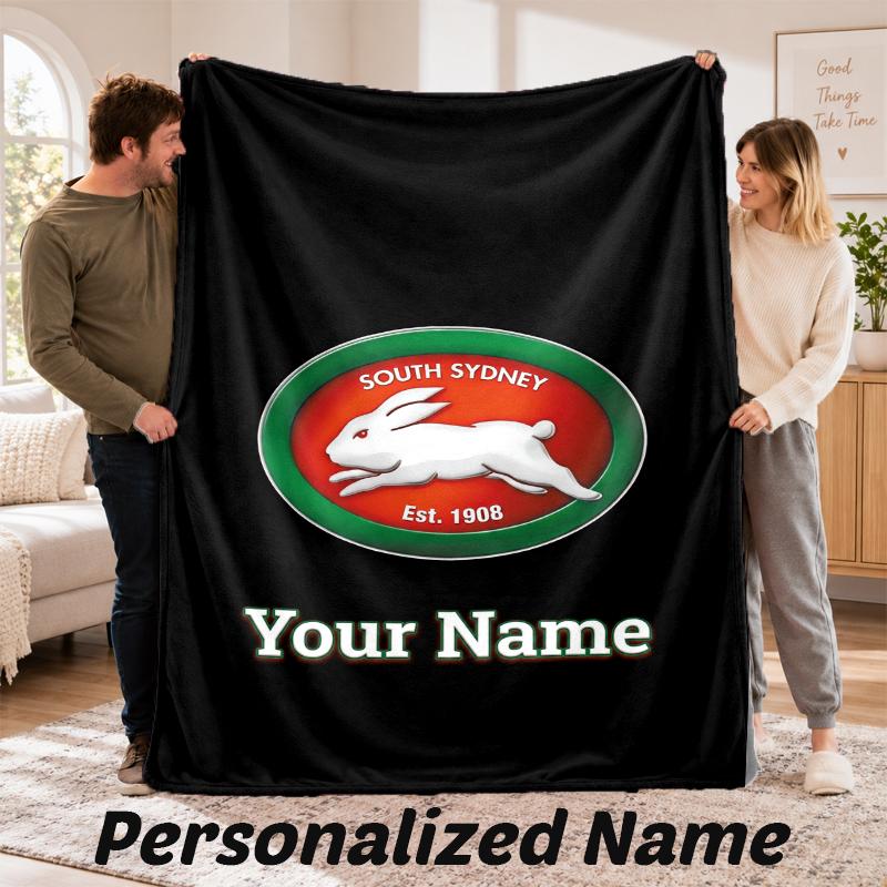 South Sydney Rabbitohs Personalized Flannel Blanket Custom Name Text Soft Throw Blanket Home Decor