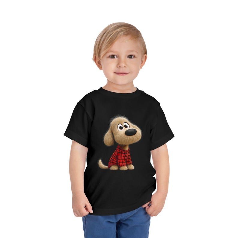 Toddler T-Shirt: Puppy in Red Plaid Sweater, Soft Cotton Tee 160