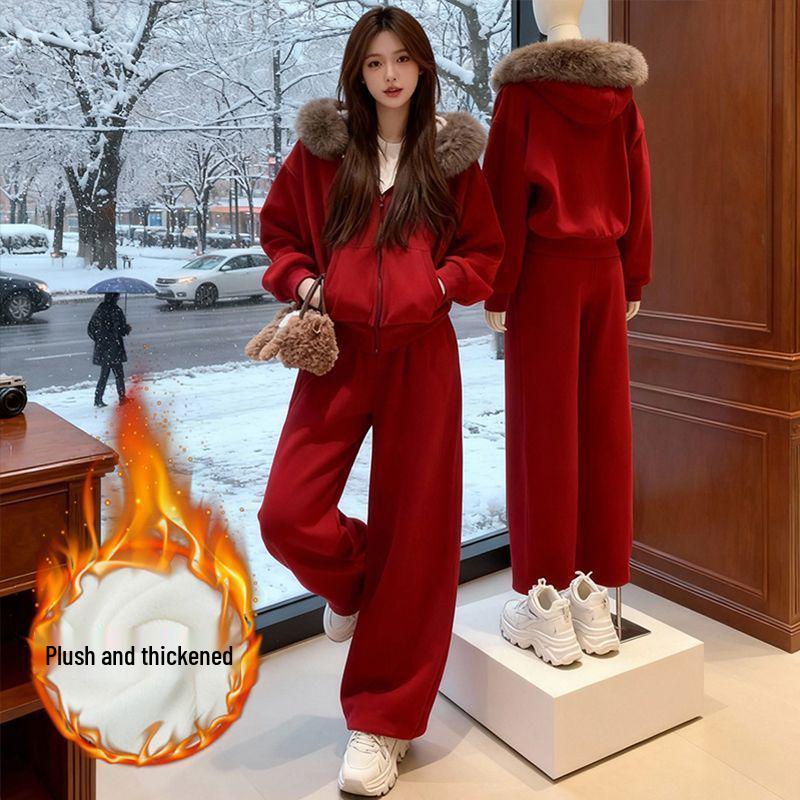 

Women s Winter Red Sportswear Set with Fur Collar & Fleece Hoodie - Two-Piece Wide Leg Pants XL