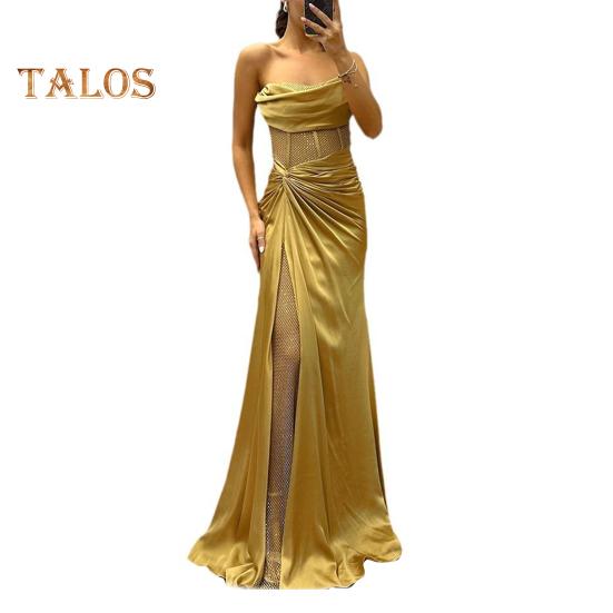 Vestido de noche para mujer, estilo bandeau, sin mangas, con hombros descubiertos, plisado, con nudo, de malla, con parches, brillante, con lentejuelas, vestido de baile de satén, largo hasta el suelo, para banquetes y fiestas de graduación