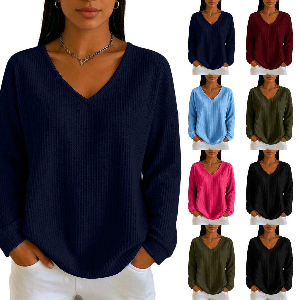Women's Casual Knit Long Sleeve V-Neck T-Shirt Loose Fit Versatile Color Top