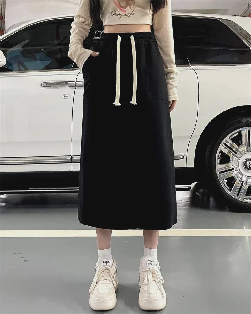 

Узкая юбка в корейском стиле с высокой талией и разрезом сзади 2024 года — универсальная, повседневная и эластичная Medium