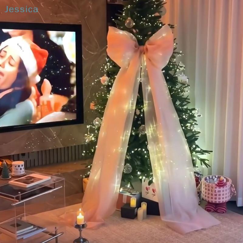 Pink Organza Lighted Christmas Tree Bow Topper Large Holiday Tree Decoration Elegant Xmas Home Party Decor Accessory