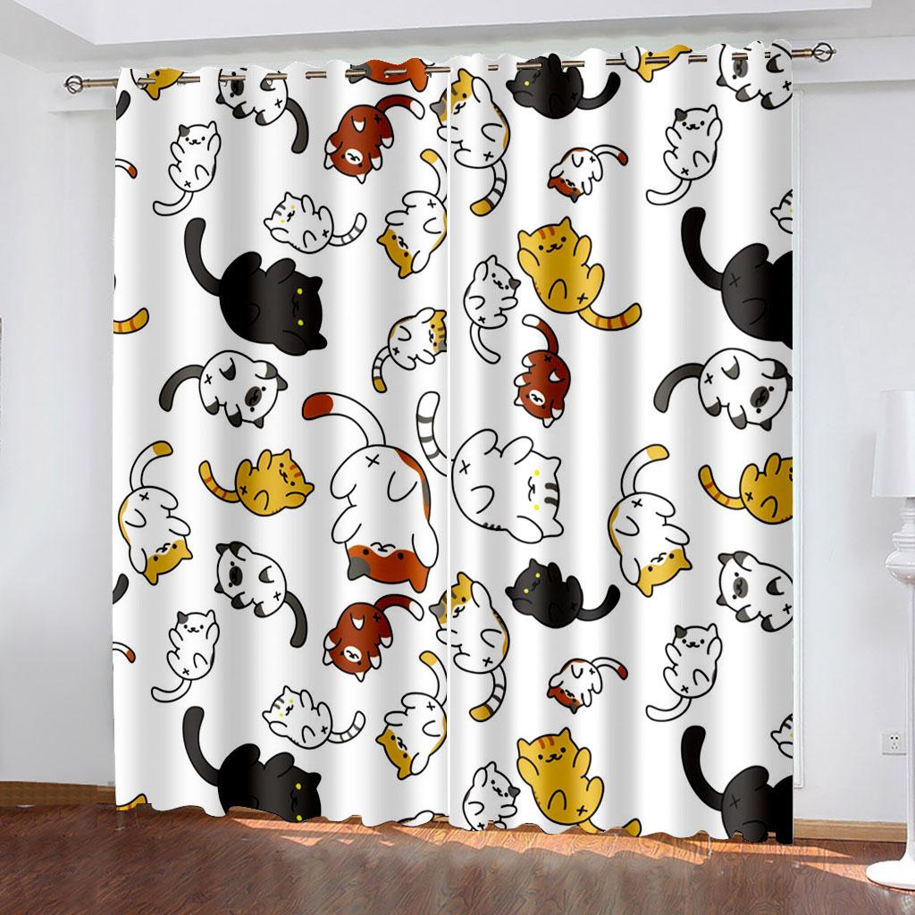 Polyester Window Curtain for Bedroom and Living Room, 2 Panel Decor Hooks, Black Cute Cat, Thin Shading, 130x240, Free Shipping