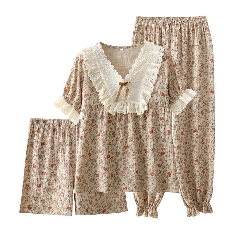 Ladies crepe cotton yarn summer and autumn short sleeves trousers shorts lace retro loungewear pajamas set three-piece set