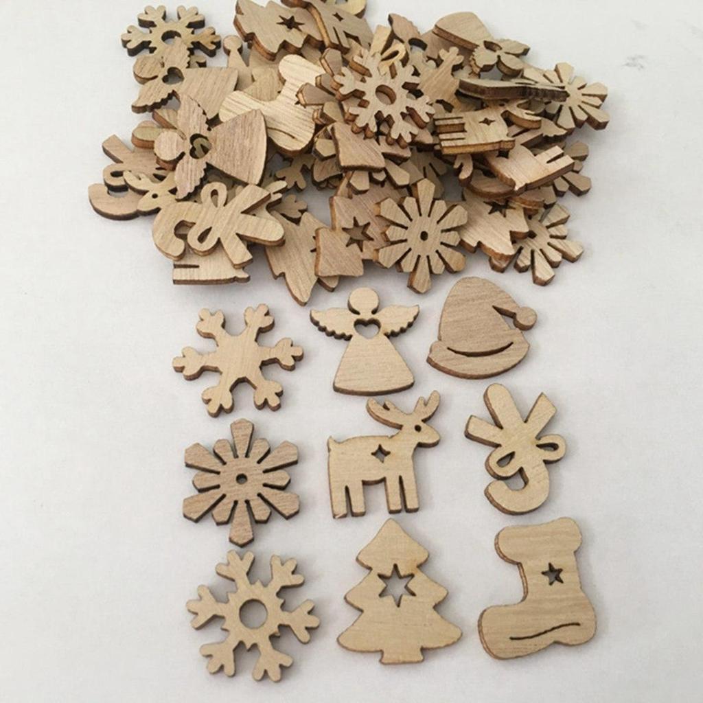 50Pcs Christmas Tree Wood Ornaments Cartoon Card DIY Party Decoration Santa Claus Snowflake Home Craft Supplies