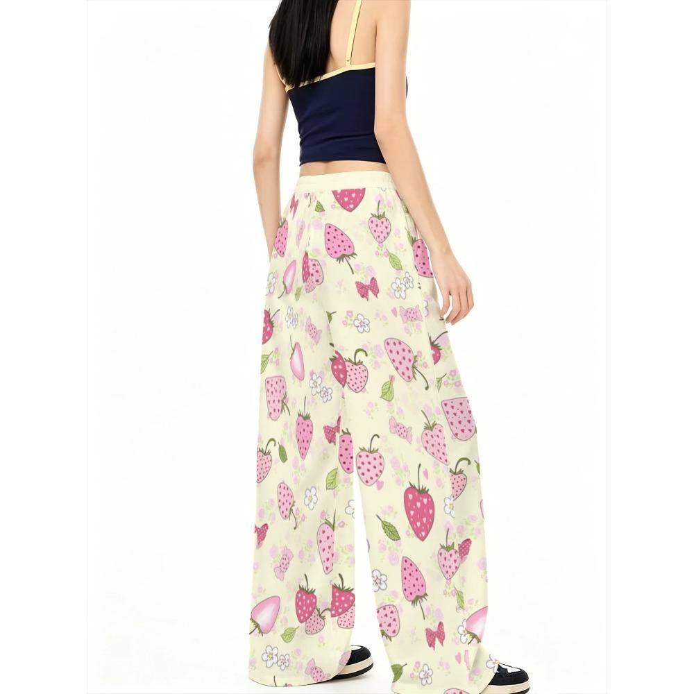 Ladies Loose Fashion Casual Sports Wide Leg Pants Cream Base Color Cartoon Strawberry Candy Flower Pattern Print