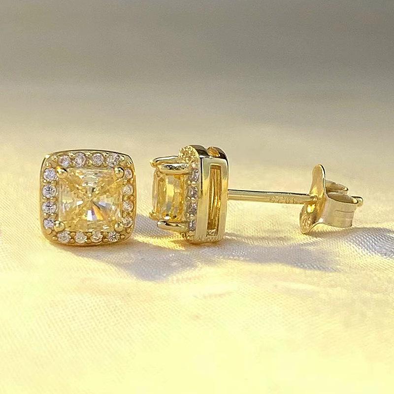 Zhuo Zhifan 2023 S925 Silver Yellow Diamond Square Stud Earrings for Women - Radiant, Versatile, and Perfect for Daily Wear.