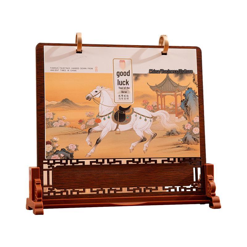 Luxus Holz Schreibtischkalender Geschenkset: Anpassbares Jahr des Pferdes 2026 mit Logo für Kunden