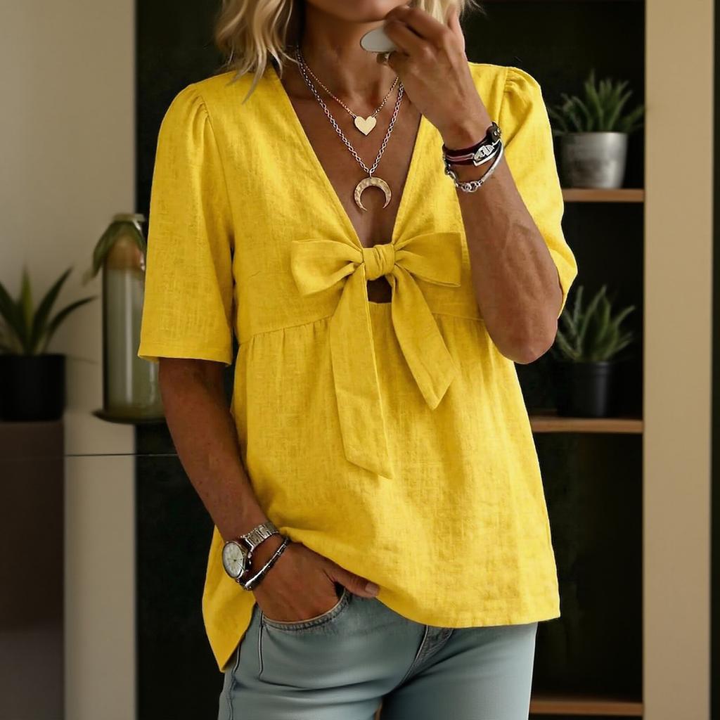 Women's Short-sleeved -color V-neck Stylish Top