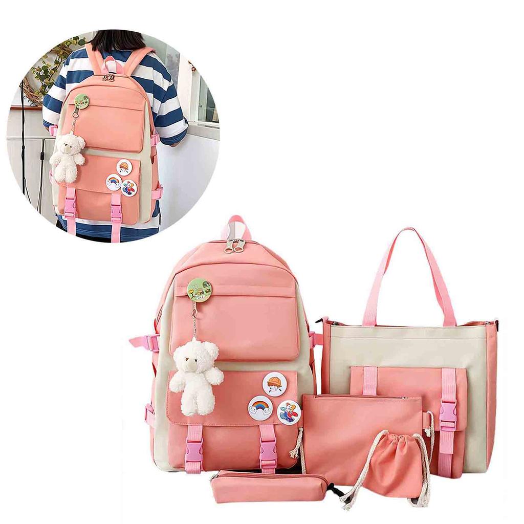 5Pcs School Bags Set Large Capacity Shoulder Bag Stationery Bag Coin Purse Canvas Student Bags Set for Boys Girls Pink
