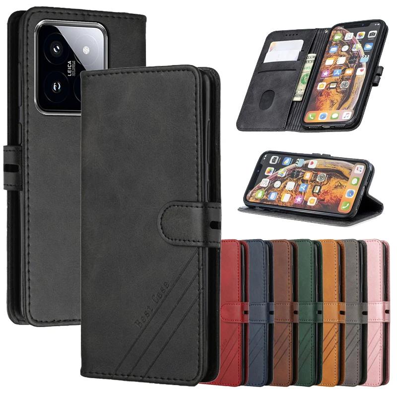 Leather Flip Case on For Xiaomi 14 13T Pro Mi14 13 12T 11T Pro Mi14 Mi13T Poco C65 Magnetic Cases Stand Wallet Phone Cover 2024