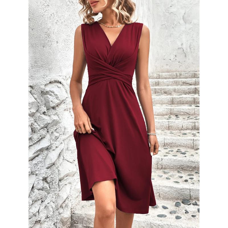 Robe d'été midi élégante pour femme, col en V, drapé à la taille, sans manches, couleur unie, décontractée, fluide, coupe évasée