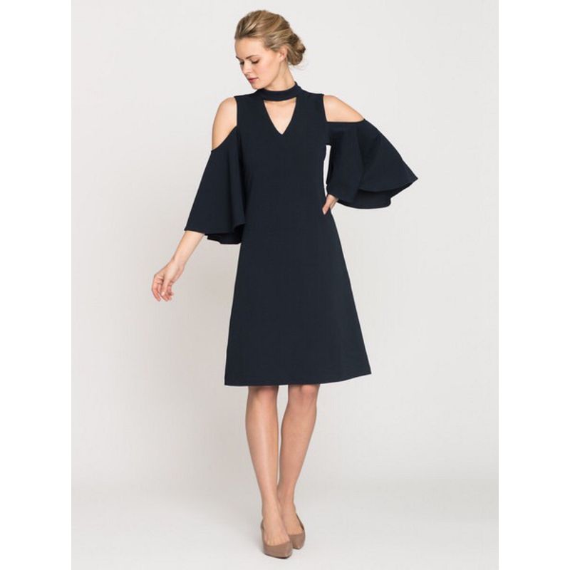 

Cotton Elastic Socialite Dress Chubby Girl Half Length Flounced Sleeve Dress Nave blue XL