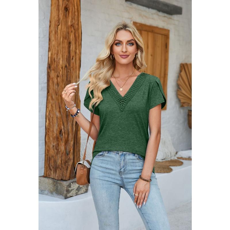 GMXIA Women's Fashion Casual Solid Color Print Short Sleeve V Neck Blouses & Shirts
