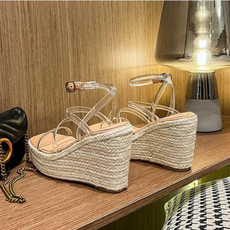 Fashion Transparent One-Line Buckle With Wedge Sandals Women'S Summer New Hemp Rope Inside Increase Waterproof Platform High Heels