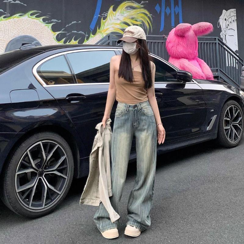 High-Waisted Retro Striped Wide-Leg Jeans - Women's Autumn/Winter Korean Style