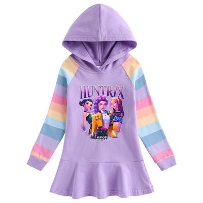 Kpop Dämonenjäger Langarm Regenbogen Rüschen Kapuzenkleid für Mädchen