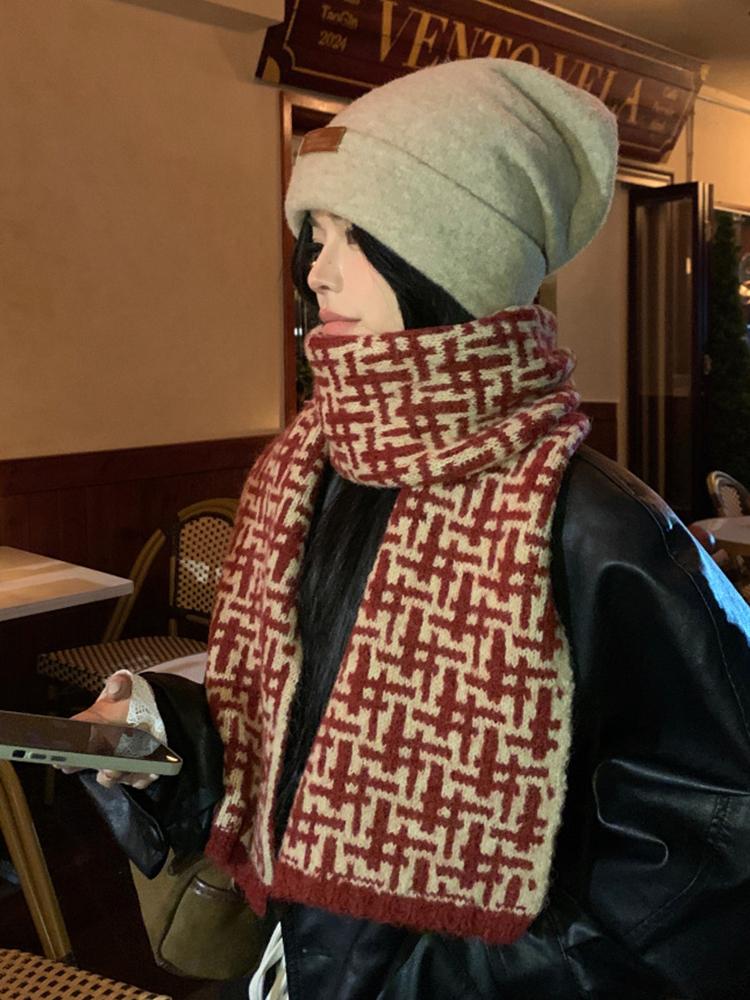 Women Winter Knitted Scarf Headscarf Ladies Casual Red Plaid Warm Scarve Mujer Foulard Wrap Shawl New Christmas New  Gifts