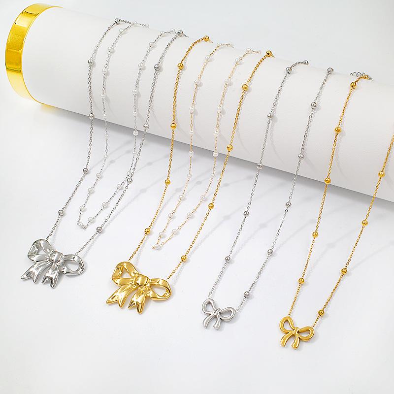 Elegant Gold Plated Double Layer Bow Pendant Necklace for Women - Titanium Steel Clavicle Chain, European American Style