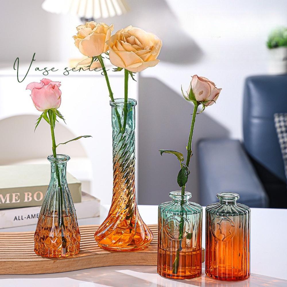 5pcs Glass Bud Vases Retro Gradient Color Vases Decorative Glass Bottles for Tabletop Centrepiece Decor Wedding Party Reception