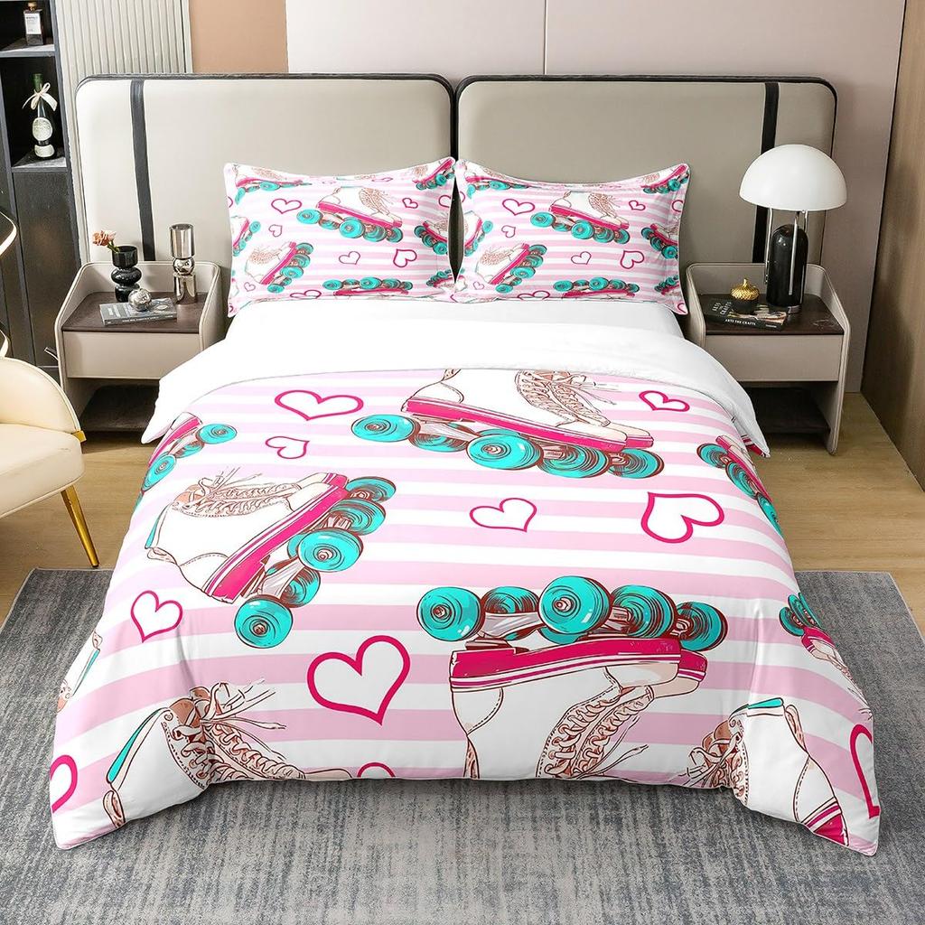 Roller Skates Duvet Cover Set For Kids Teens Boys Girls Lightweight Bedspread Cover Bedroom Decor Winter Sports Game Bedding Set