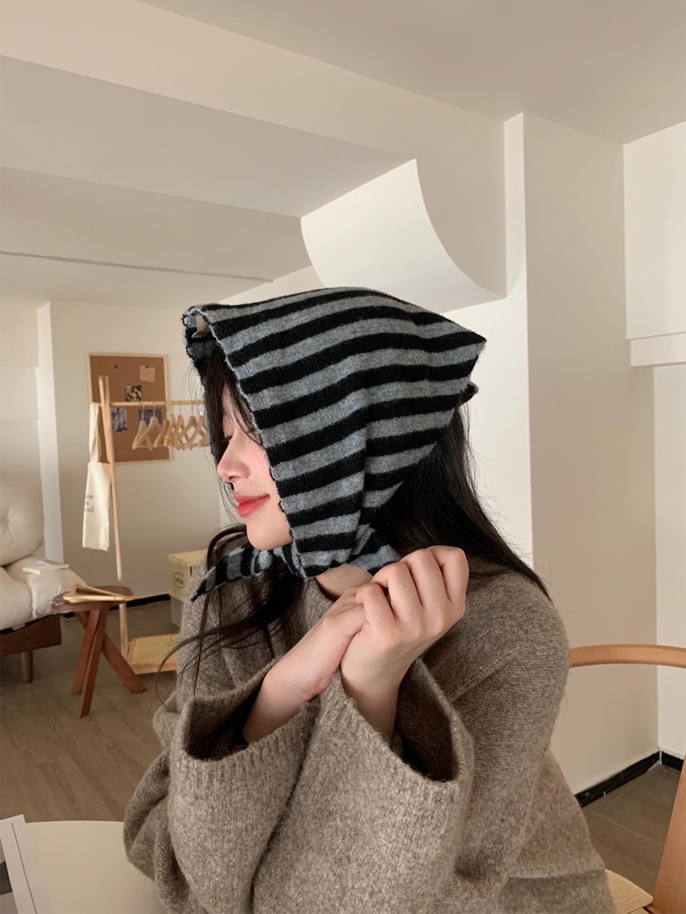 

Шерстяной шарф-треугольник в полоску в корейском стиле: Колледж, универсальный, теплый протектор шеи 33x95cm серый/чёрный