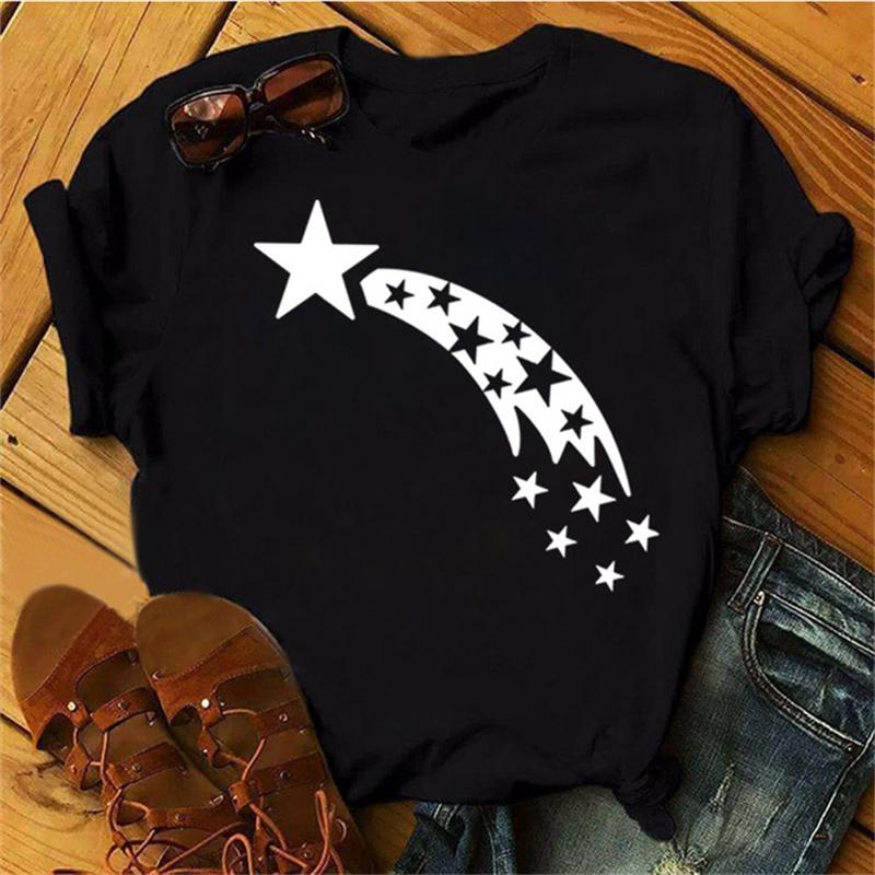 Maycaur Woman Star Moon Print Harajuku Summer Tshirts Casual Round Neck Short Slee Top Tee Shirt Women Black T-shirt Drop Ship