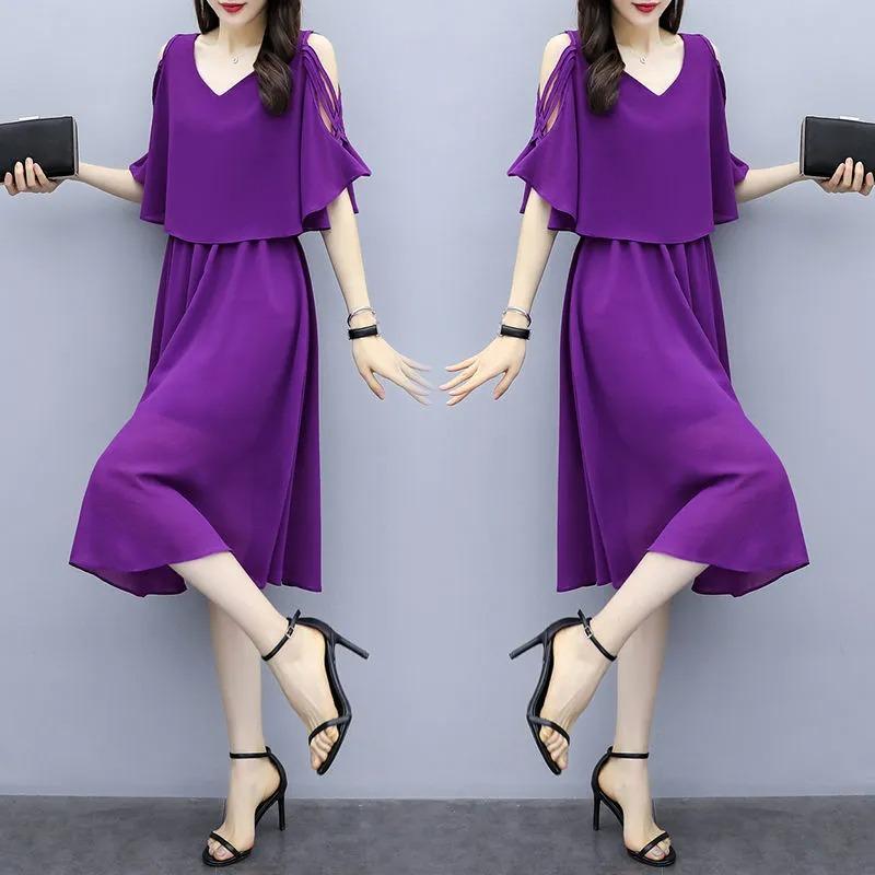 

Однотонные женские летние платья с коротким рукавом и V-образным вырезом больших размеров, свободные платья для женщин размером 6XL XXXXL фиолетовый