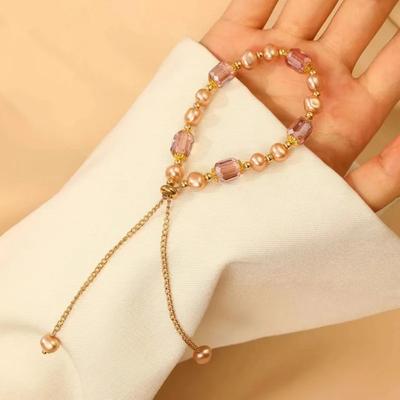 Elegant Pink Imitation Pearl Bracelets with Exquisite Purple Crystal Beads Adjustable Bangle Female Wristband Fashion Accessory
