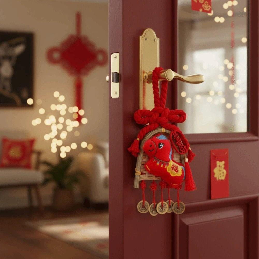 Exquisite Broom Dustpan Pendant Chinese Knot Copper Coin Door Handle Pendants Red Bamboo Spring Festival Decoration