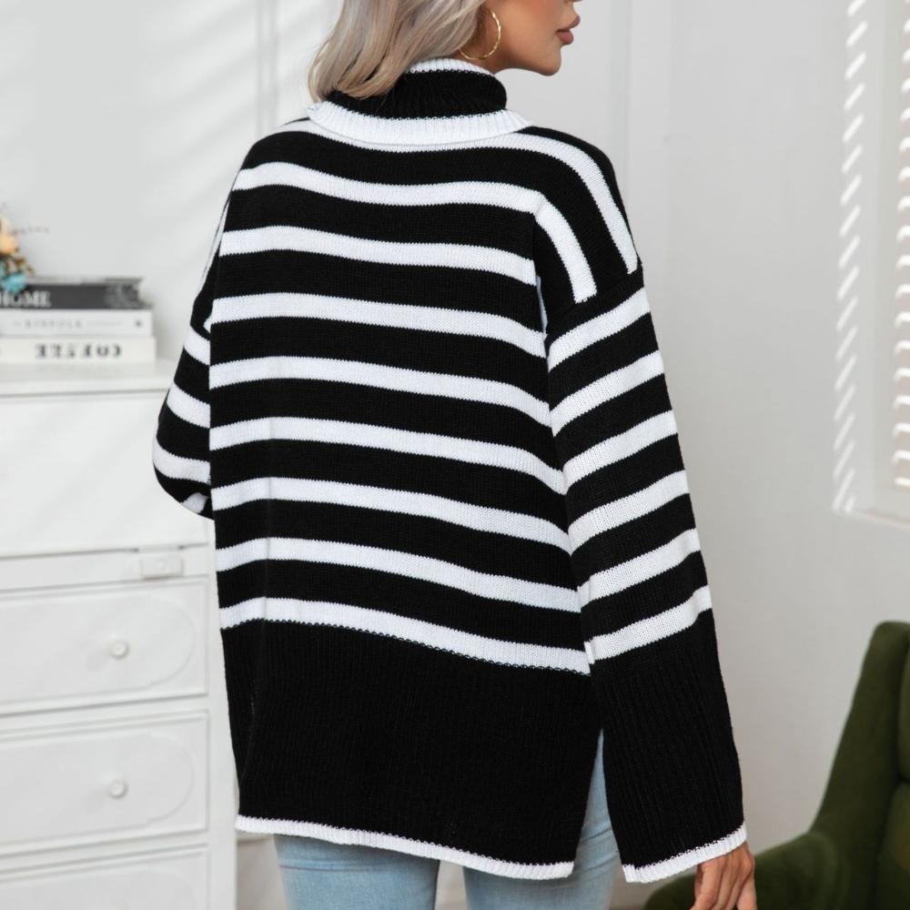 IHUASU Женский полосатый свитер средней длины с разрезом по бокам и высоким воротом — фото 6