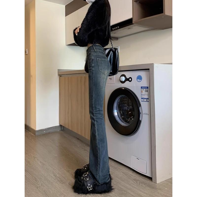 Womens High Waist Stretch Flared Jeans Slim Fit Mid-Rise Denim Pants Casual Korean Style