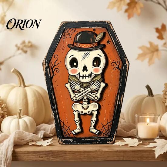 Entrance Door Hanging Signs Vintage Halloween Wooden Decor, Coffin-Shaped Tabletop Ornaments, Freestanding & Decorations for Home Ornament Mantel