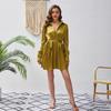 Spring and summer European and American long-sleeved Polo collar high waist lace-up fashion casual pleated women's dress women