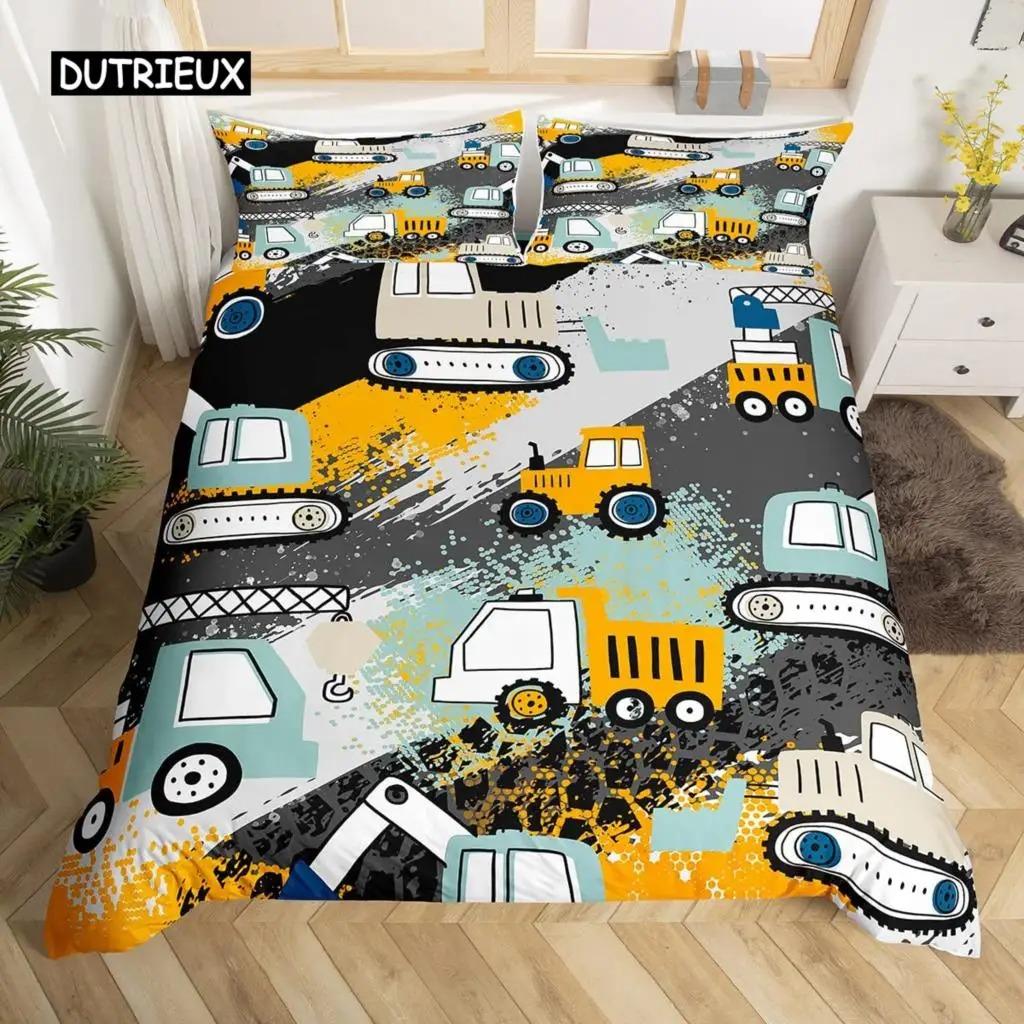 Kids Equipment Trucks Duvet Cover King Boys Cartoon Car Bedding Set Construction Highway Comforter Cover Set