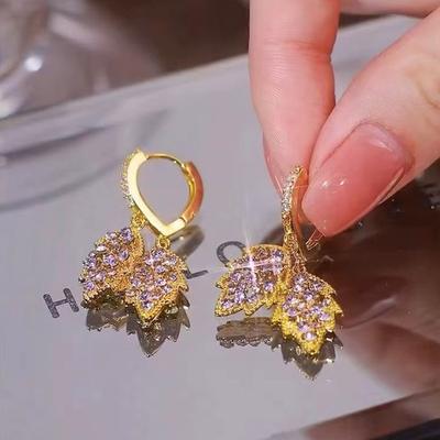 New Golden Branches and Jade Leaves Super Flash Leaf Ear Buckle Female, Niche Design Sense Light Luxury Double Leaf Earrings Earrings Female