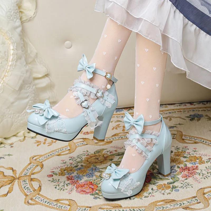 Lolita Shoes Japanese Pearl Bow JK Sweet Cute Strap Super High Heel Round Head Student Kawaii Tea Party