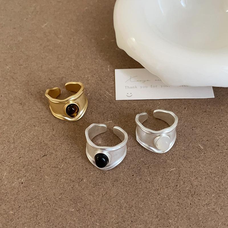 Hong Kong Style Retro Natural Stone Matte Metal Opening Ring Female Niche Personality Simple Temperament Versatile Ring Ring