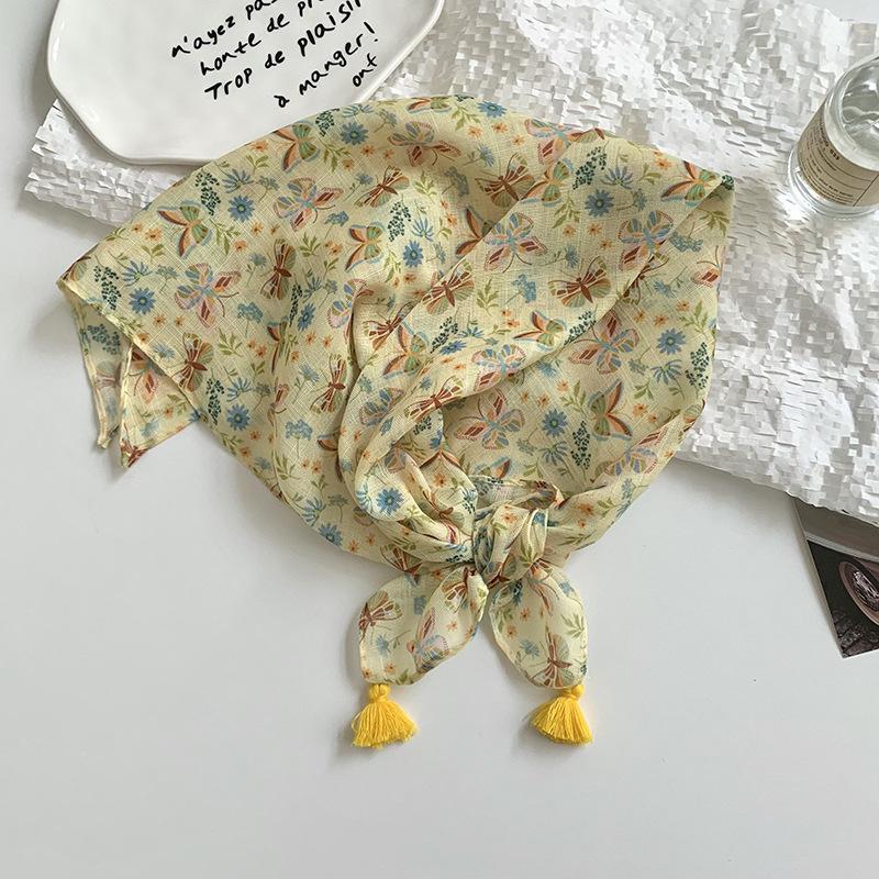 Women's silk scarf square scarf high-end neck protection scarf small fresh decorative floral headscarf hair band fringed hair accessories